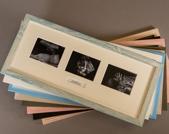 Ultraschall Fotorahmen quer für Baby Scan - Mehrfachausschnitt Passepartout für drei Ultraschallbilder und einer Textbox by RahmenShop