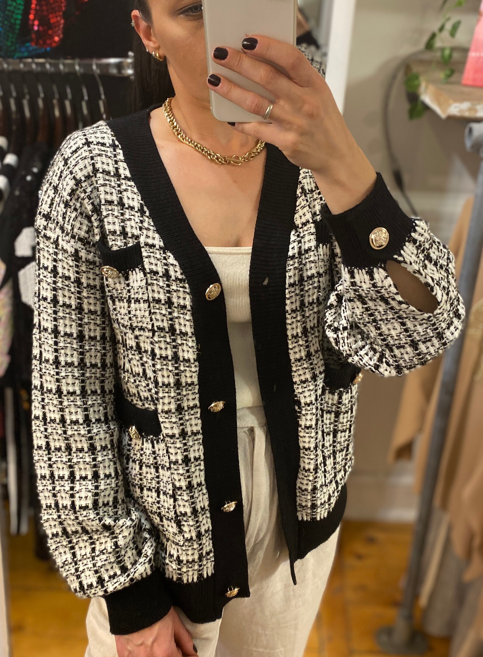 Chunky Knit Tweed Cardigan with Gold Buttons Plaid Etsy