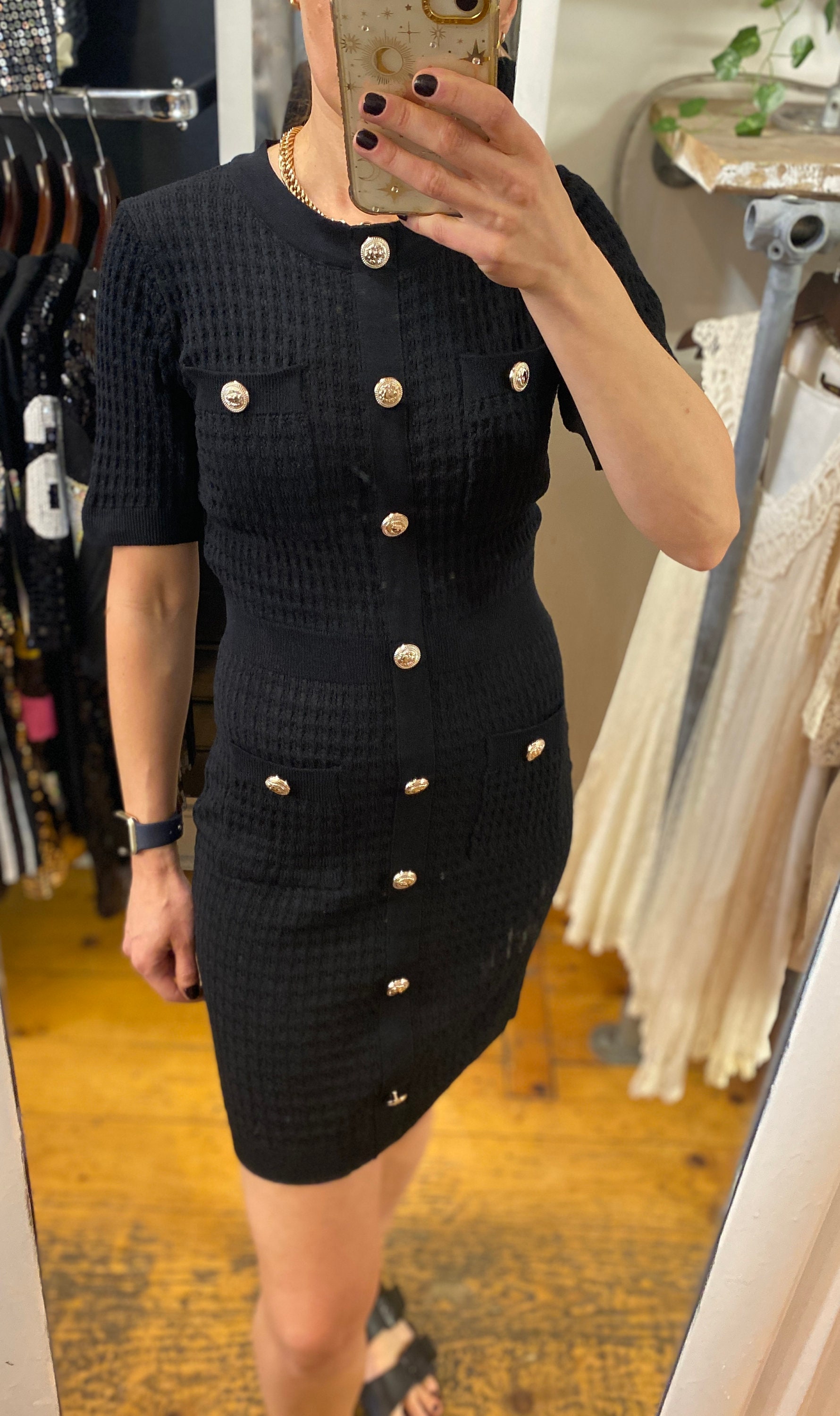 Knitted Fitted Dress with Gold Buttons Vintage Style Bodycon Etsy