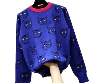 Woman Cat Print Knitted Jumper, Best Gift for Cats Lover, Animal Print Sweater