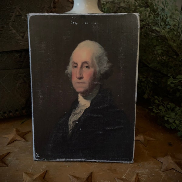 Handmade Vintage  ART Print Primitive Portrait GEORGE WASHINGTON Picture Rustic Antique wall  Print on Canvas Board 5x7 or 8x10