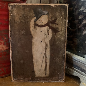 Vintage ART primitive SNOWMAN  FOLKART Distressed wall Decor Print on Canvas Board 5x7 or 8x10