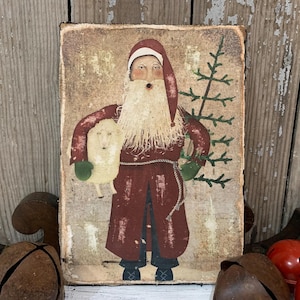 Handmade Vintage ART PRINT Primitive Merry Christmas Santa Distressed Custom FOLKART Primitive  Wall Decor Print on Canvas Board 5x7 or 8x10