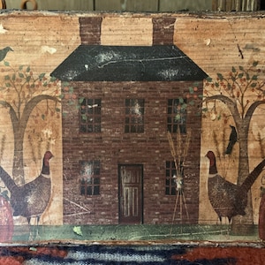 Handmade Vintage  ART PRINT Primitive Fall FOLKART Thanksgiving house Distressed custom wall Print on Canvas Board 5x7 or 8x10
