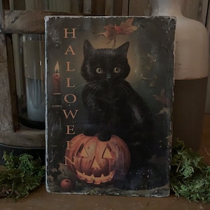 Handmade Vintage ART PRINT Primitive Cat Kitten with a Pumpkin Halloween Fall Wall CUSTOM Decor Print on Canvas Board 5x7 or 8x10
