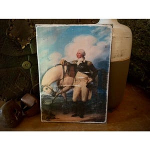 Handmade Vintage  ART Print Primitive Portrait GEORGE WASHINGTON with horse Picture Rustic Antique wall  Print on Canvas Board 5x7 or 8x10