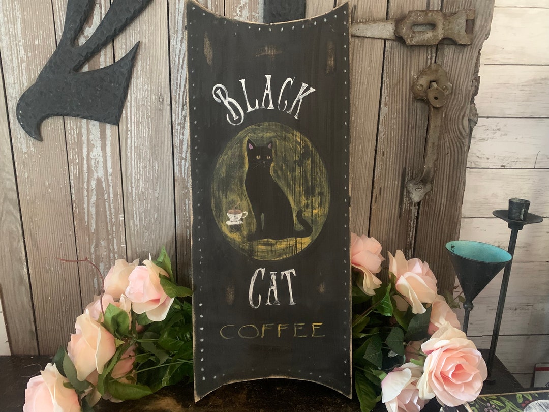 Farmhouse Vintage Primitive BLACK CAT Coffee Wooden Sign Distressed ...