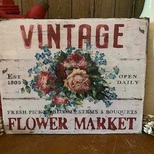 Handmade Vintage ART PRINT Flower Market Fresh Flowers Floral Green Spring Custom Primitive Kitchen Decor  on Canvas Board 5x7 or 8x10