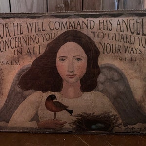 Handmade Vintage ART PRINT  Psalm Angel  Distressed Custom FOLKART  wall Decor Print on Canvas Board 5x7 or 8x10