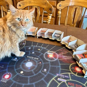 Puede incluir: Un gato atigrado naranja está sentado cerca de un juego de mesa con un diseño circular y texto. Los tarjeteros de madera están dispuestos alrededor del tablero, llenos de cartas. El tablero del juego presenta un tema espacial con planetas y sistemas estelares.