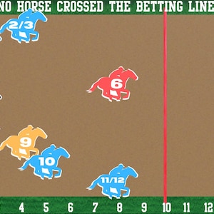 May include: A colorful illustration of a horse race with ten horses numbered 1 through 12. The horses are all in different positions on the track, but none have crossed the finish line. The text "NO HORSE CROSSED THE BETTING LINE." is displayed at the top of the image.
