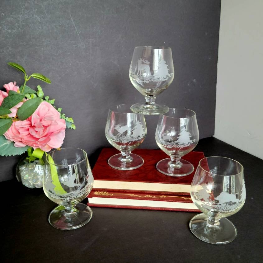 Vintage Brandy Snifters/cognac Glasses Etched With Different Etsy