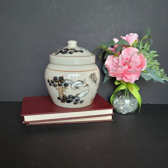 Vintage Lidded Ginger/tea Jar With Cranes and Pine Tree Motif Etsy