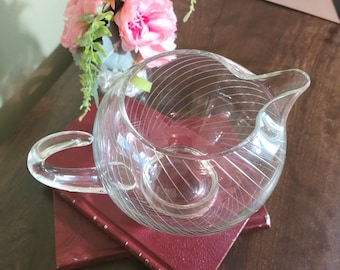 Mid-Century Round Etched Pinstripe Eva Zeisel Style Pitcher with Pinched Ice Lip, 32 Ounces