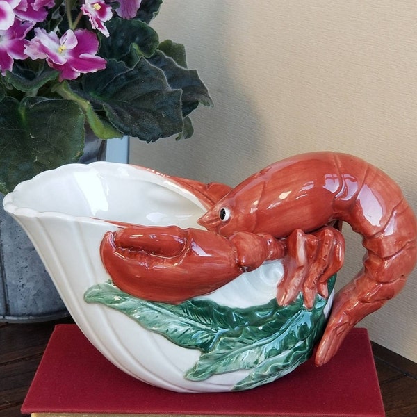 Fitz and Floyd 1992 Vintage Sauce/Gravy Boat in the Retired Fish Market Pattern,  Figural Lobster Holding a Shell, 8 Inches Long