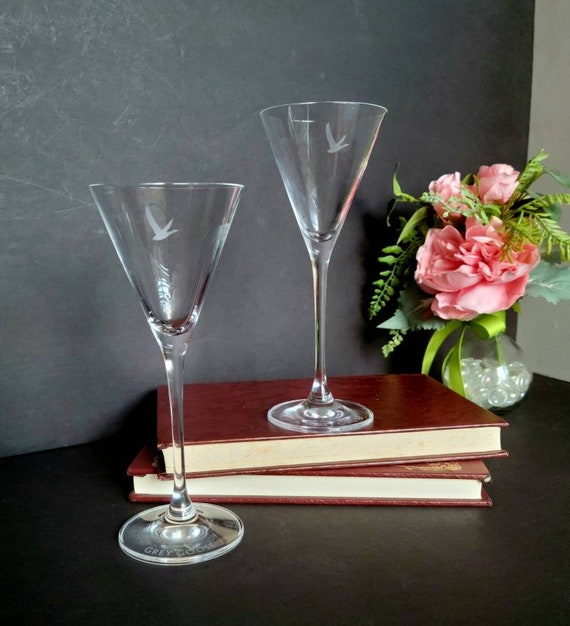 Grey Goose Vodka Etched Crystal Martini Glasses Barware Set Of 2
