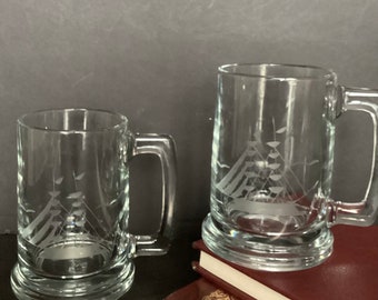 Vintage Beer Mugs/Steins with Etched Sailing Schooners, Square Handles,  16 Ounces, Set of 2