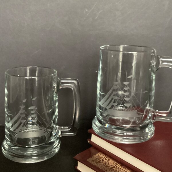 Vintage Beer Mugs/Steins with Etched Sailing Schooners, Square Handles,  16 Ounces, Set of 2