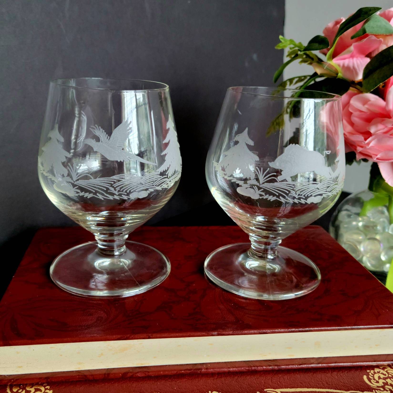 Vintage Brandy Snifters/cognac Glasses Etched With Different Etsy