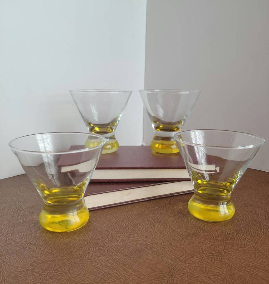 Vintage 1980's Stemless Martini Glasses With Yellow Bases, 8 Ounces, Set of  4 