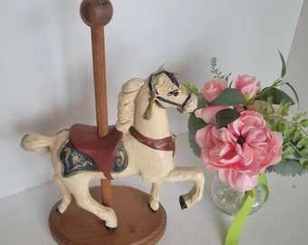 Vintage 1986 Handpainted Carousel Horse with Wooden Base and Plole, Artist Signed