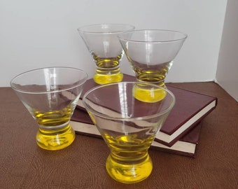 Vintage 1980's Stemless Martini Glasses with Yellow Bases, 8 Ounces, Set of 4