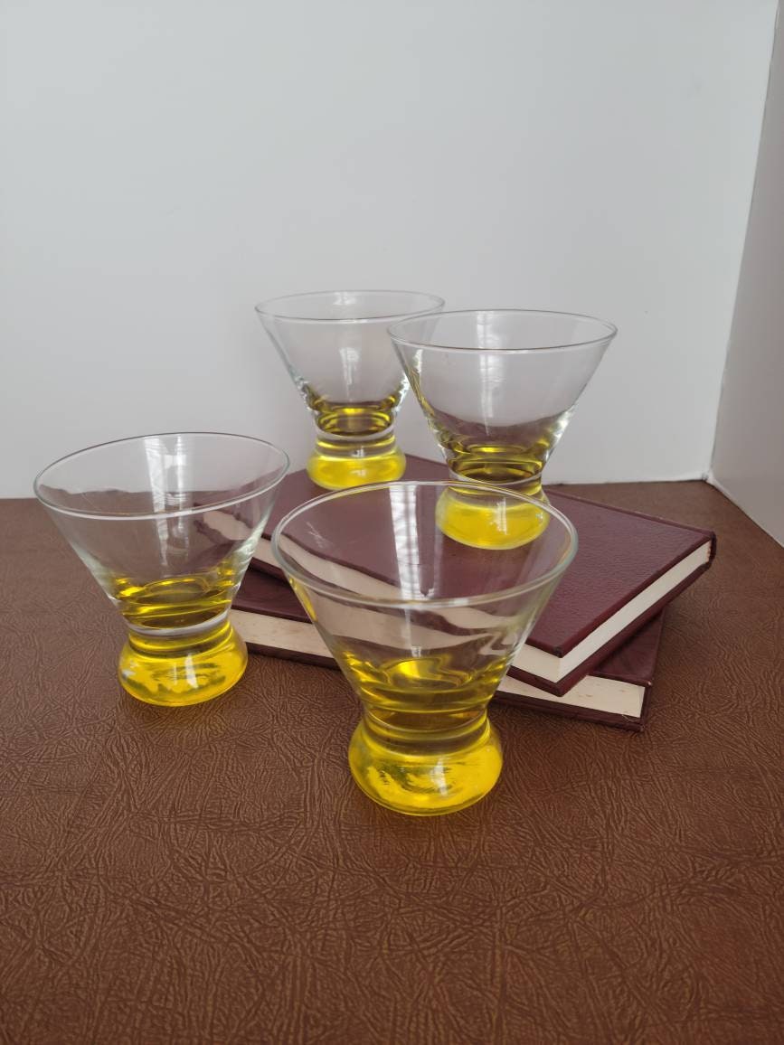 Vintage 1980's Stemless Martini Glasses With Yellow Bases, 8