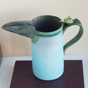 Janice Arone 1980’s Post Modern Art Pottery Pitcher with Large Spout and Small Frog, Signed, Virginia Potter, Barn Swallow Pottery