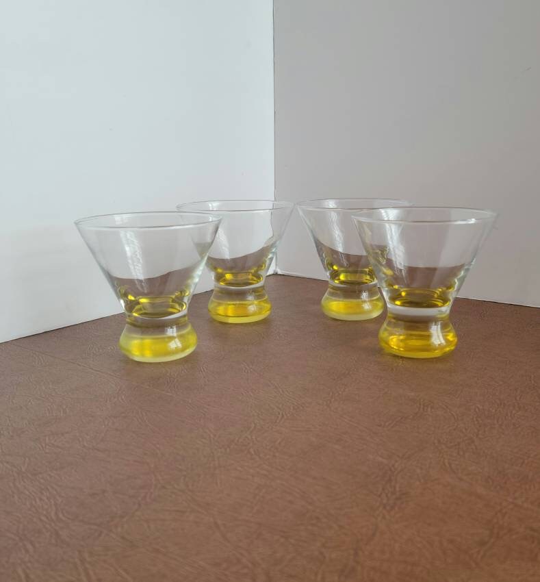 Vintage 1980's Stemless Martini Glasses With Yellow Bases, 8 Ounces, Set of  4 