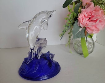 Vintage Cristal d'Arques Figural Leaping Dolphin with Cobalt Blue Base, Made in France