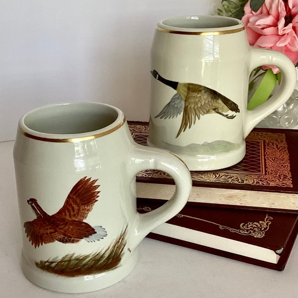 Vintage Hall Heirloom Hand Painted Mugs/Tankards with Game Birds, Artist Signed, Made in USA,  Set of 2