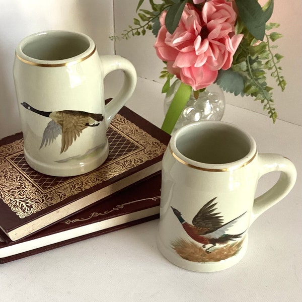 Vintage Hall Heirloom Hand Painted Mugs/Tankards with Game Birds, Artist Signed, Made in USA,  Set of 2
