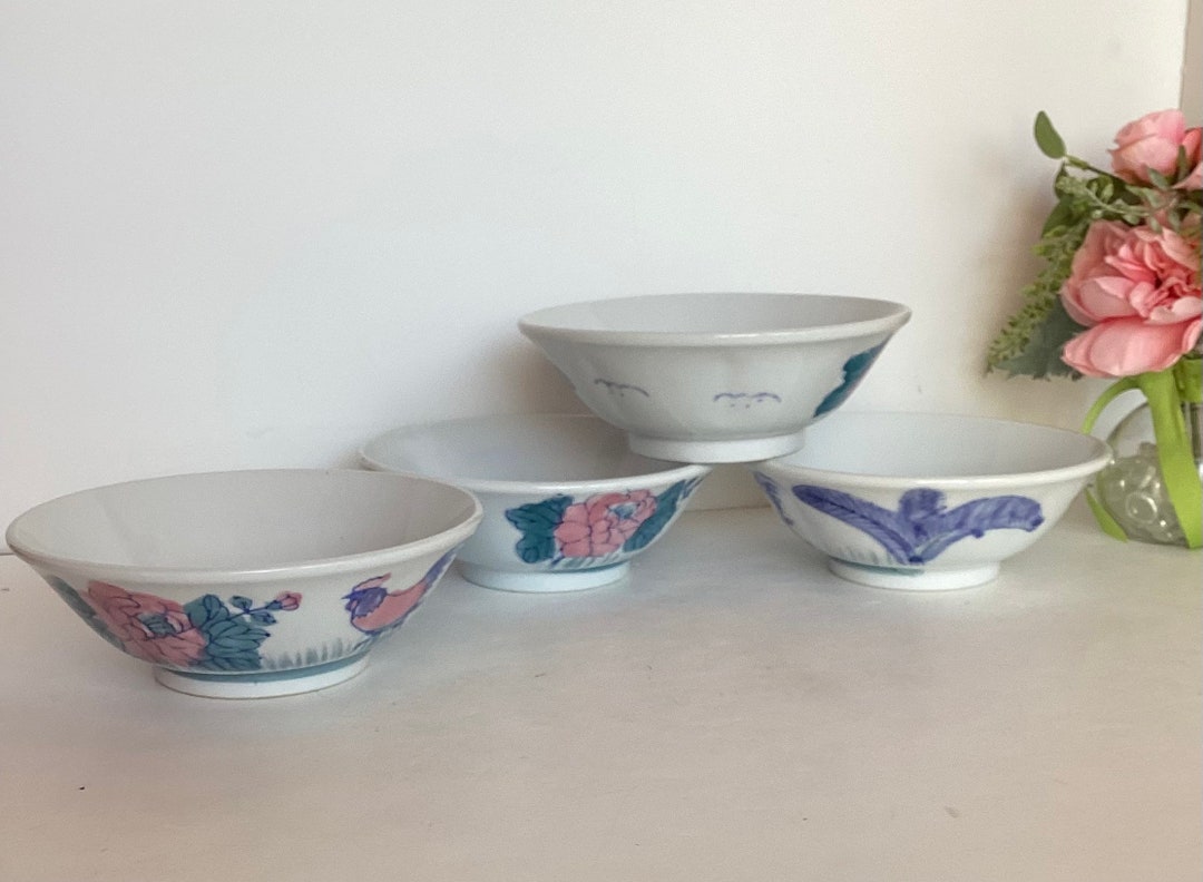 Pier 1 Handpainted Oriental Rice Bowls With Rooster and Rose Etsy
