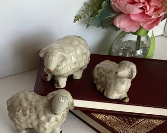 Vintage Handcrafted Pottery Rustic Sheep Family, 2 Large and 1 small, Set of 3