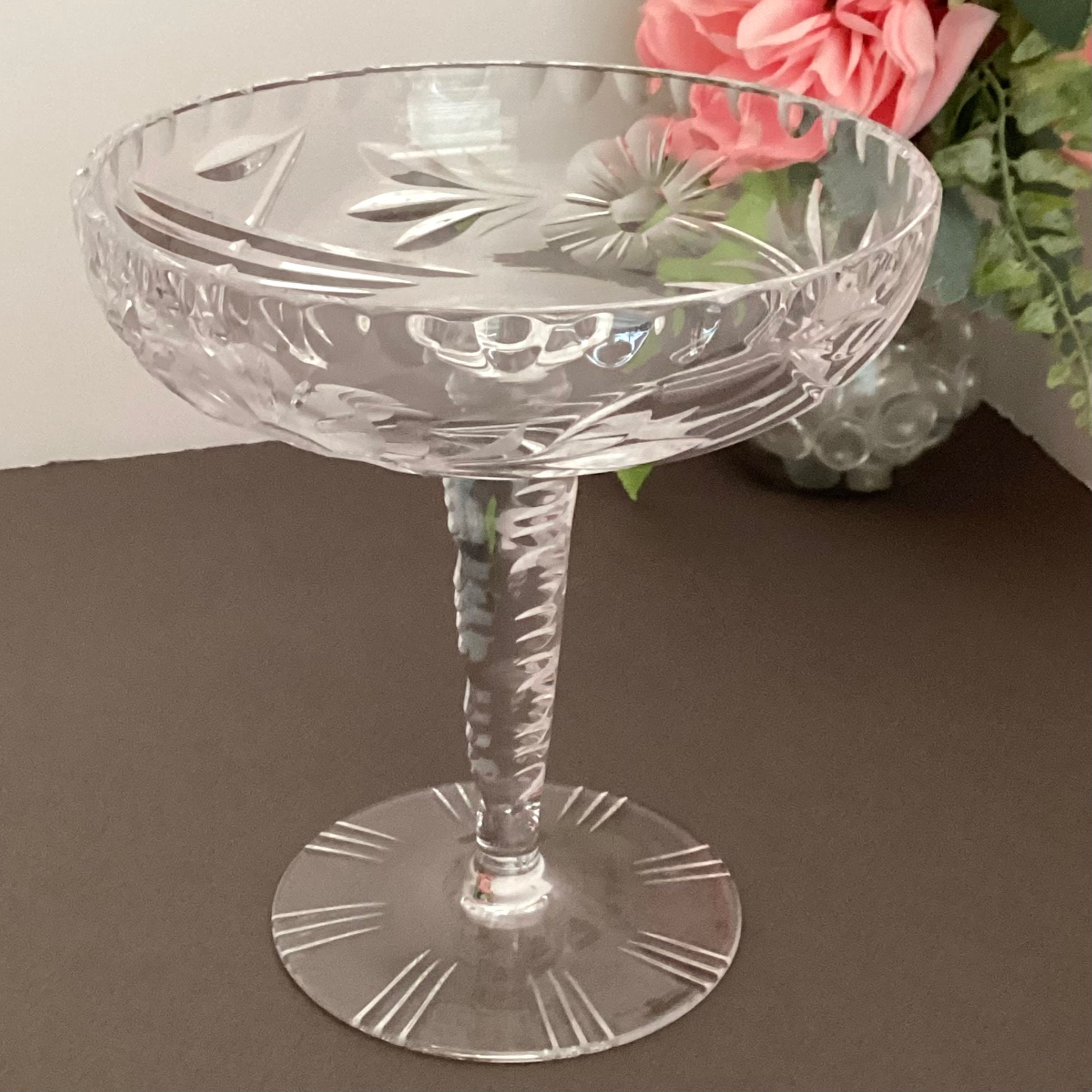 Vintage Crystal Compote/ Candy Dish With Cut Flowers 6 Inches Etsy