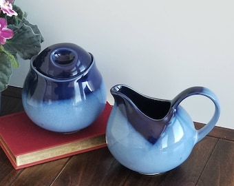 Vintage Sango Nova Blue Stoneware Sugar Bowl and Creamer, Made in Indonesia