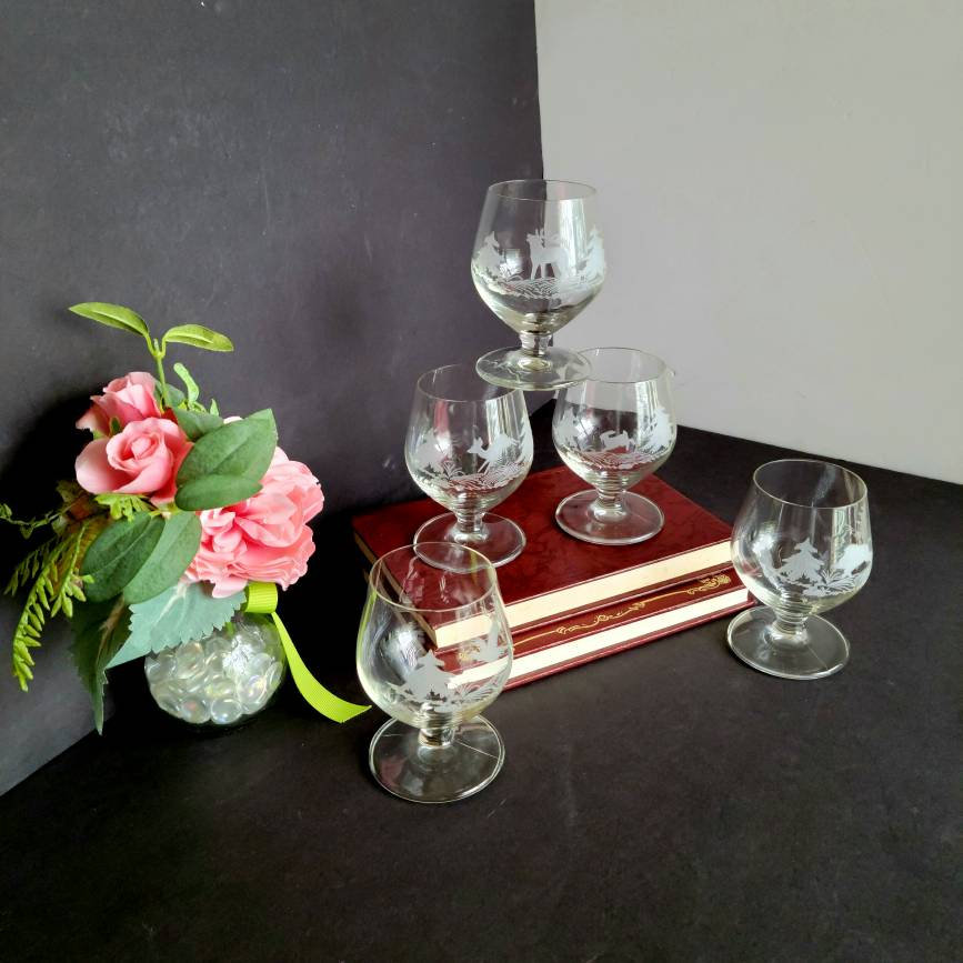 Vintage Brandy Snifters/cognac Glasses Etched With Different Etsy