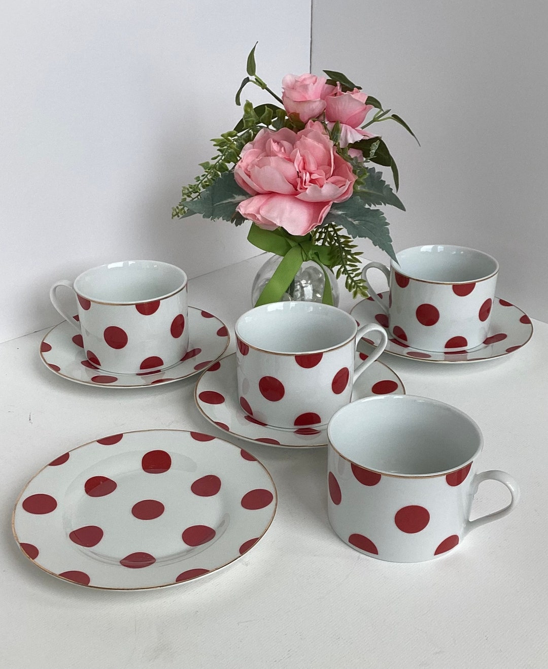 Vintage Rosanna Ted Polka Dot Cups and Dessert Plates/saucers, Set of 4