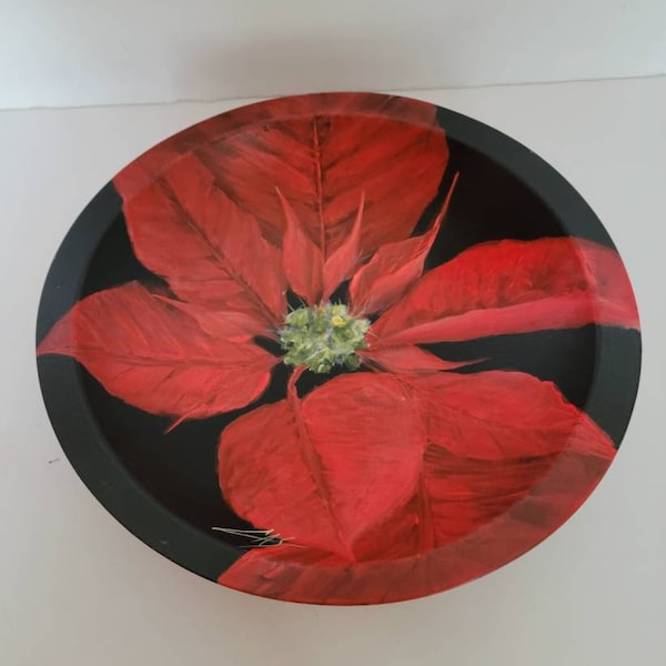 Hand Crafted 9" Wooden Bowl by Cindy Schlosser, Poinsettia Design, Artist Signed