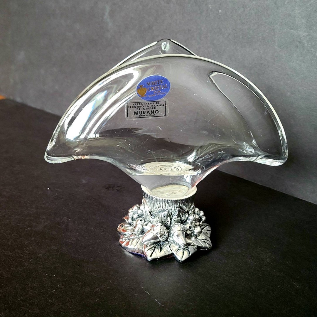 Vintage Murano Clear Glass Napkin Holder/ Letter Holder With Silver
