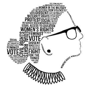 May include: Black and white word cloud image of a woman's face with glasses. The words in the cloud include "women's rights", "vote", "feminist", "civil rights", "protest", "equal access to education", "safe workplace", "free from violence", and "maternity rights".