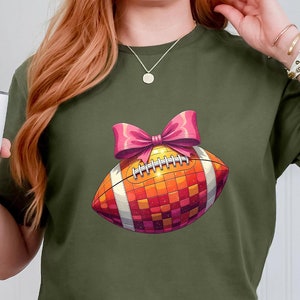Football Mom Shirt, Halloween Tshirt, Cute Thanksgiving Shirt, Coquette Tee,Disco Football with Ribbon, Football Shirt, Trendy Crewneck Gift