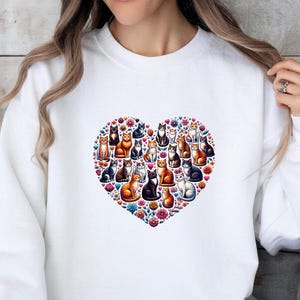 Cat Valentine Floral T-Shirt, Cute Cat Lover Sweatshirt, Kitty Lover Tee For Couple, Cute Kitten Sweater, Cat Heart Graphic Tee Gift for Her