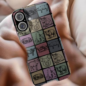 Vintage Pig Phone Case Cover Gift Designed For iPhone 16, 15, 14 Pro Max Plus, Galaxy S24 S23 Ultra, Pixel 8, Farm Animal Tough, Flip Case