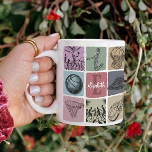 Personalized Basketball Initial Mug, Custom Name Sports Gift Coffee Cup, Retro Basketball Player Mug, Vintage Basketball Lover Cup for Her