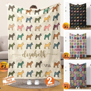 May include: A cream white throw blanket featuring a repeating pattern of small dog silhouettes in various colors. The name elizabeth is printed in a cursive script in the center. Additional styles show black and multi-colored grid patterns.