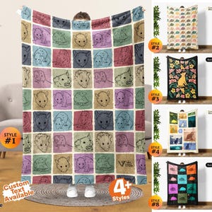 May include: A rectangular throw blanket featuring a grid pattern of colorful squares, each containing a line-art illustration of an opossum. The blanket displays various poses and expressions of the animal in shades of purple, green, blue, and tan.