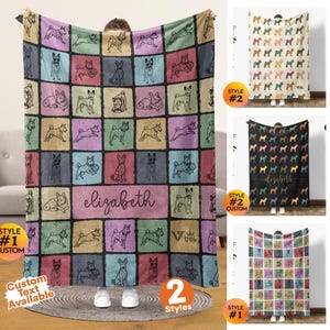 May include: A rectangular throw blanket featuring a grid of colorful squares, each containing a line-art illustration of a dog in various poses. The center square displays the name Elizabeth in cursive script. The blanket is available in two styles.