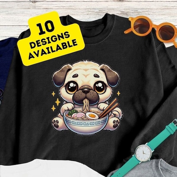 Dog Ramen Shirt, Kawaii Tshirt, Anime Shirts, Japanese T-Shirt, Korean Noodle Tee, Cute Pug Shirt, Ramen Graphic Tees, Gifts for Friend