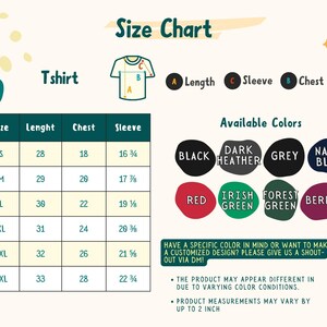 K&ouml;nnte beinhalten: T-Shirt Gr&ouml;&szlig;entabelle mit Ma&szlig;en in Zoll f&uuml;r L&auml;nge, Brustumfang und &Auml;rmel. Verf&uuml;gbare Farben sind Schwarz, Dunkelgrau meliert, Grau, Marineblau, Rot, Irisch Gr&uuml;n, Waldgr&uuml;n und Beere.